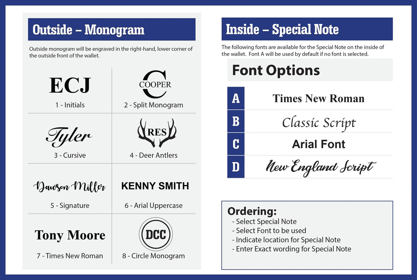 Monogram and special note options for Bull Sheath Leather wallets, featuring multiple monogram styles and special font options.