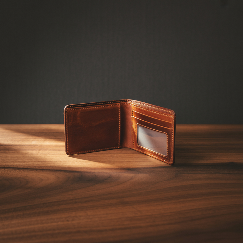 Full-grain leather badge wallet open showing recessed badge cutout and clear ID window