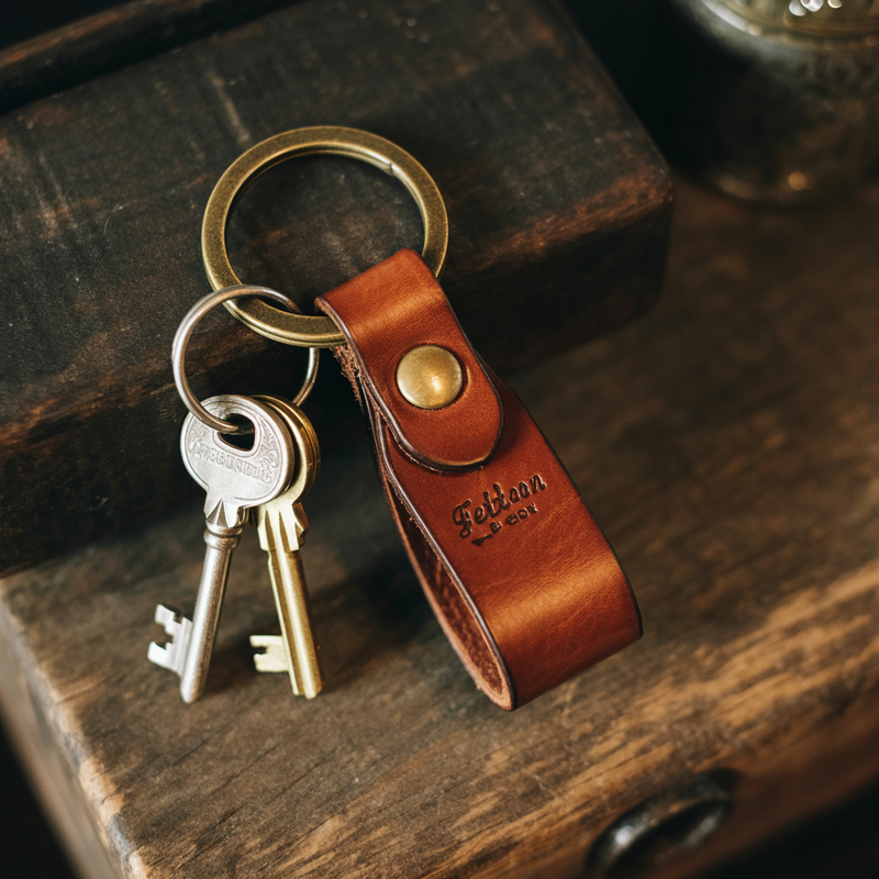Full-grain leather keychain with solid brass hardware and keys resting on dark wood