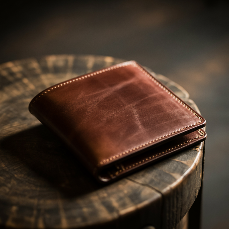 Lineup of full-grain men's leather wallets — bifold, slim, long, and vertical — fanned on dark wood