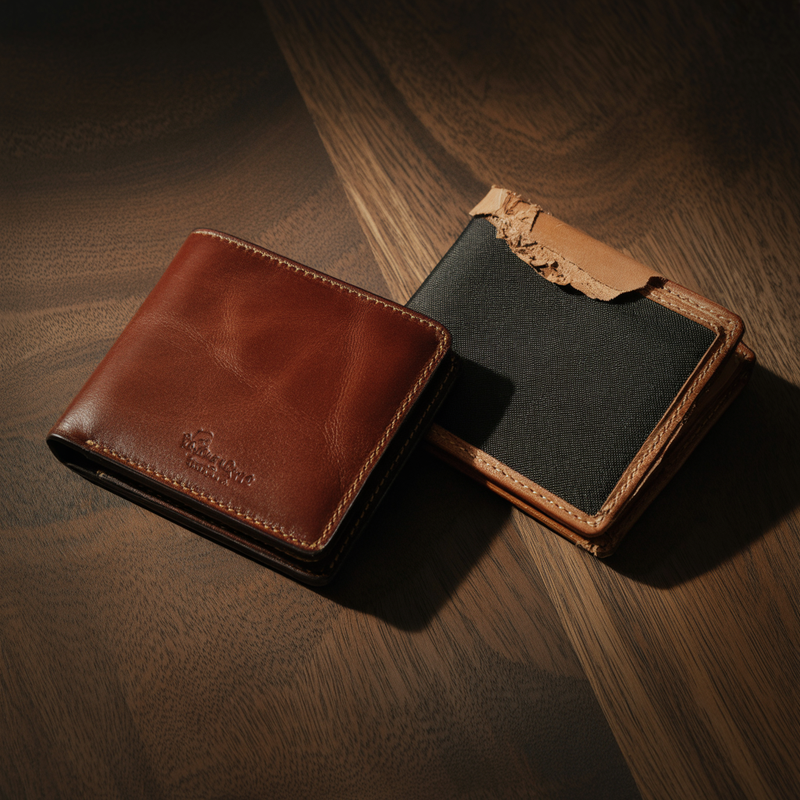 Real full-grain leather wallet beside a peeling synthetic vegan leather wallet on dark wood
