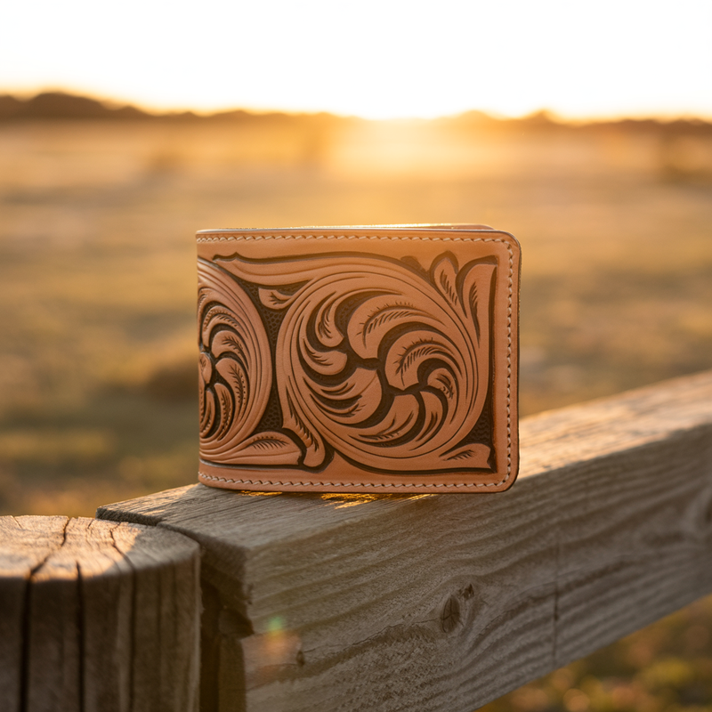 Hand-tooled western long wallet in saddle-tan full-grain leather with floral scrollwork tooling on cedar fence rail