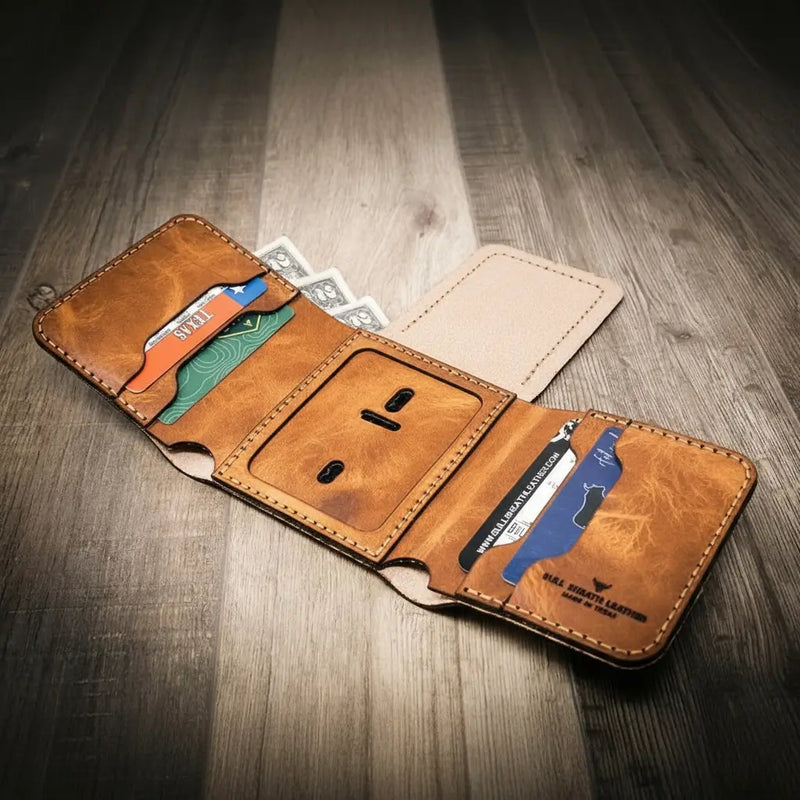 Open Badge Trifold Wallet in Saddle Tan — Bull Sheath Leather