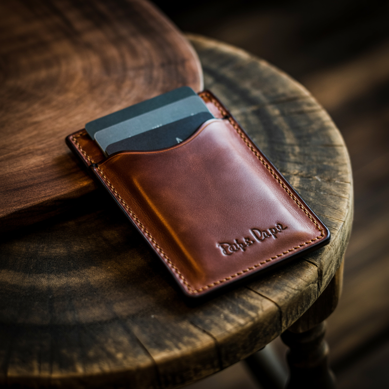 Slim full-grain leather card holder on dark wood with a few cards peeking out of the top pocket