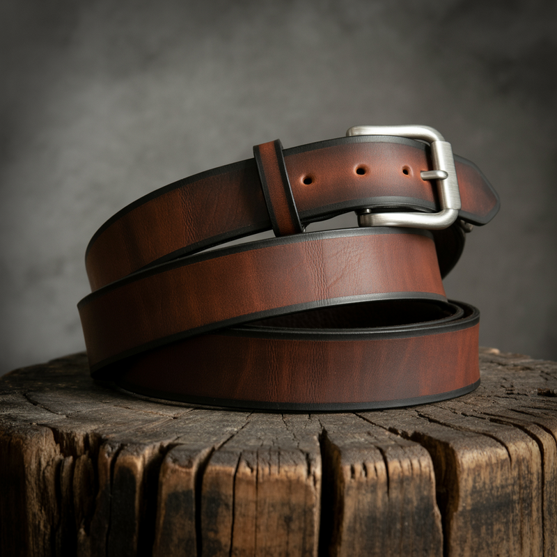 A thick full-grain leather gun belt coiled on rough wood with a nickel roller buckle, standing stiffly on its own