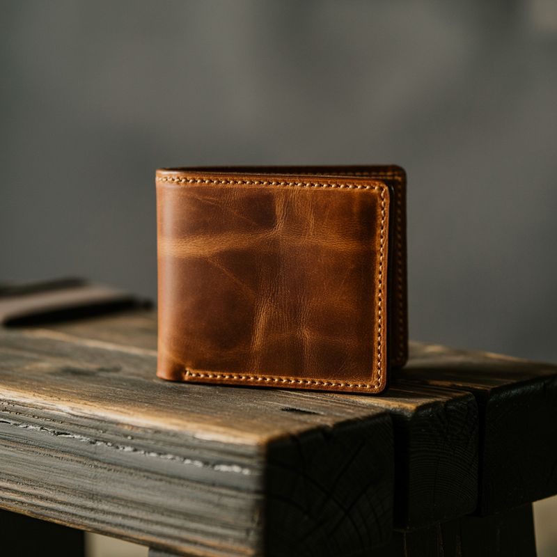 Full-grain leather wallet showing natural grain texture and early patina on dark wood