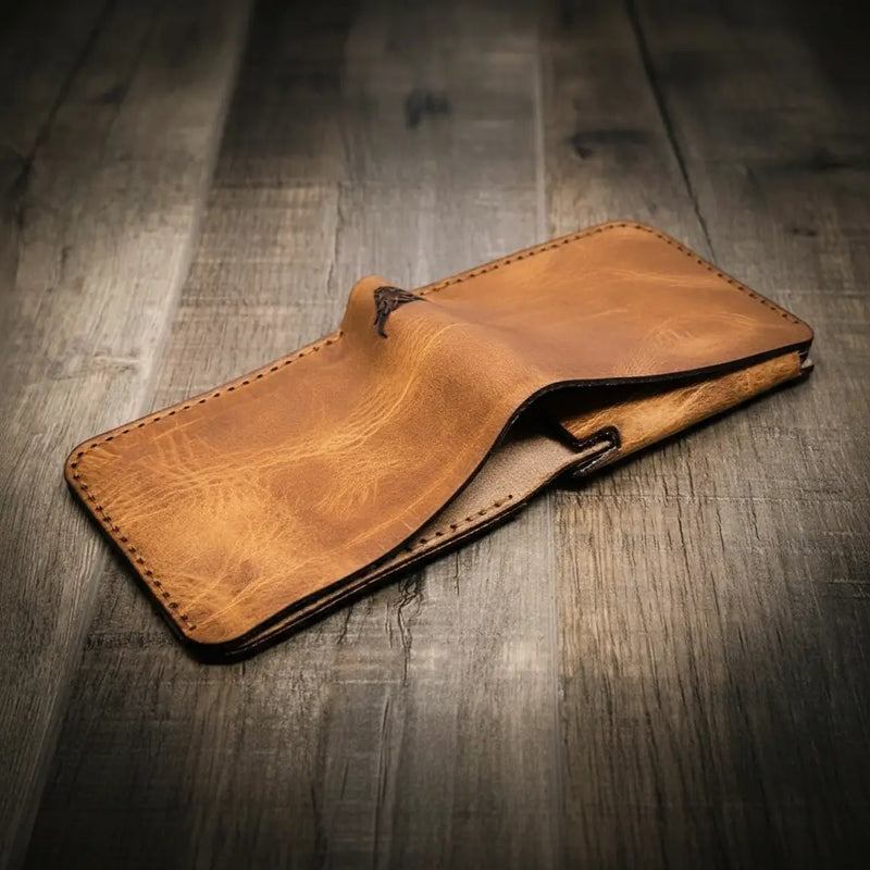 Closed Badge Bifold Wallet in Saddle Tan — Bull Sheath Leather