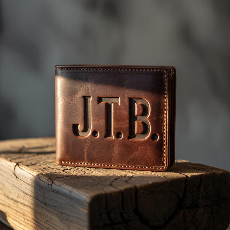 Dark brown full-grain leather bifold wallet with three bold block initials deeply stamped into the front panel on aged dark wood