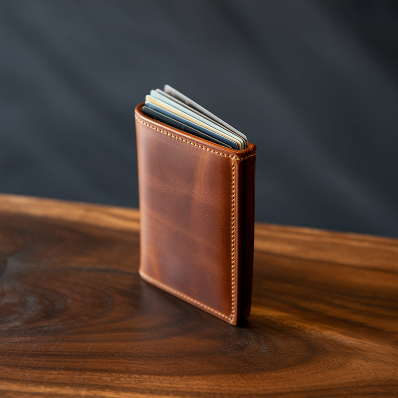 Full-grain leather vertical wallet standing upright with cards fanned up out of the top