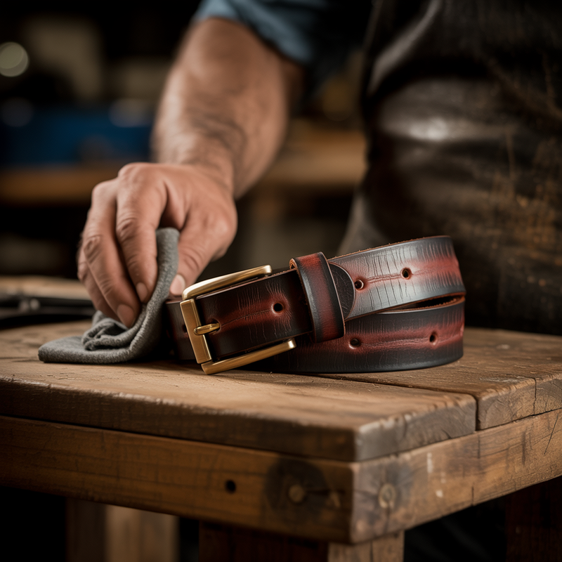 Full-grain leather belt being wiped and conditioned with a cloth on a wooden workbench
