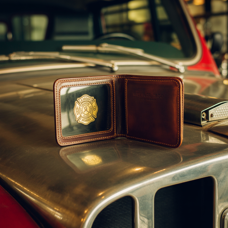 Full-grain dark leather badge wallet open on steel fire engine hood with gold firefighter shield badge visible