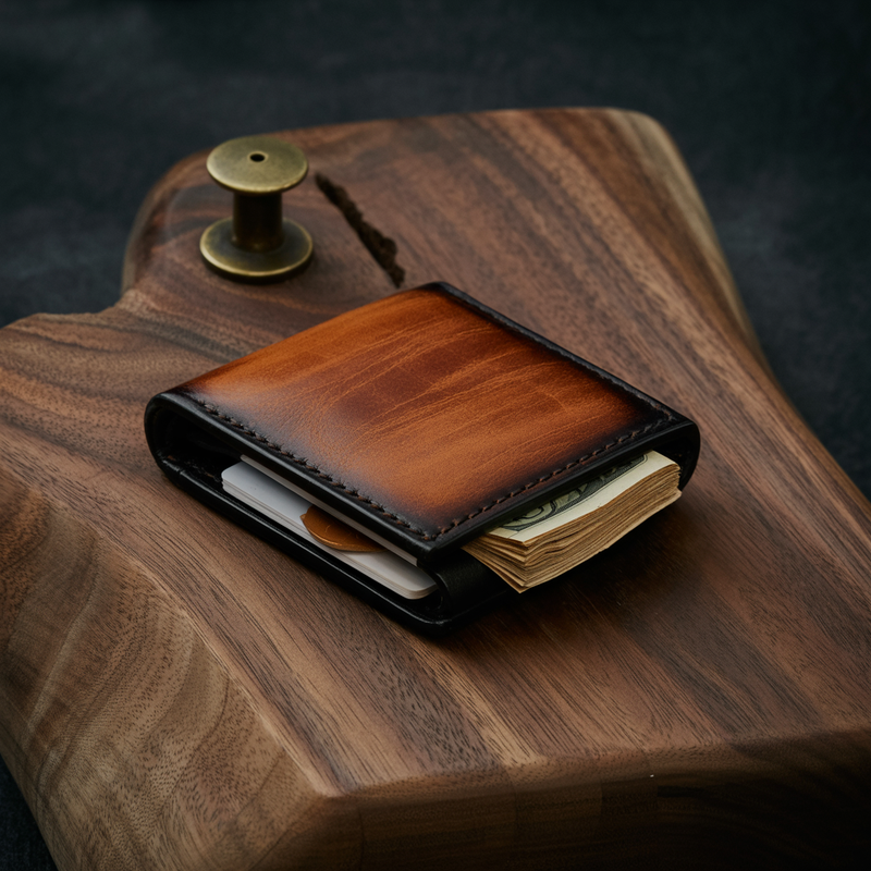 Full-grain leather money clip wallet with folded cash under the clip and a few cards in the slots