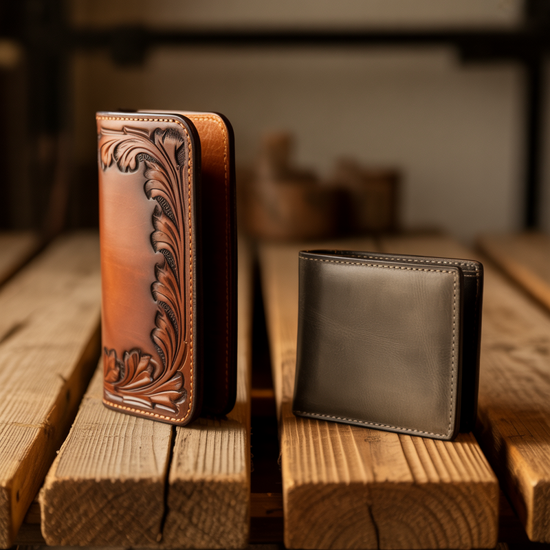Side-by-side comparison of a tall hand-tooled western long wallet versus a slim standard bifold on aged cedar planks