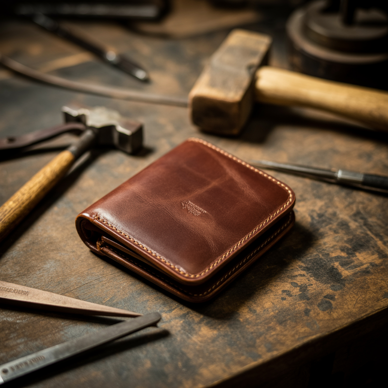 American full-grain leather wallet on a Texas workshop bench with hand tools