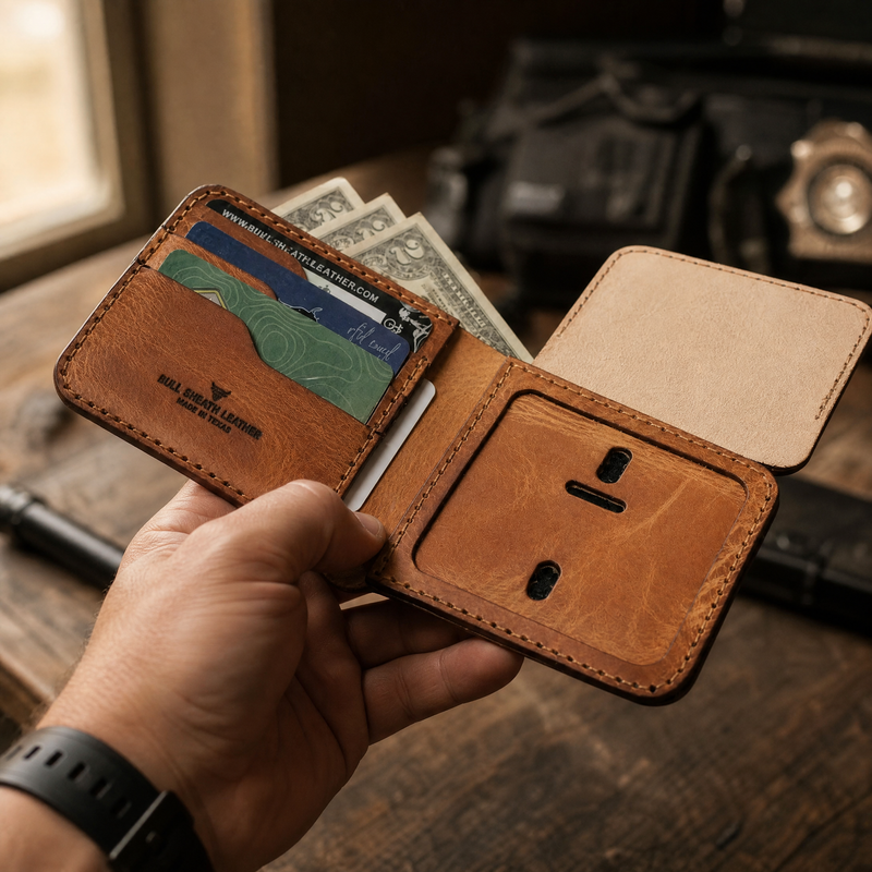 Officer presenting full-grain leather Badge Bifold Wallet in saddle tan — Bull Sheath Leather