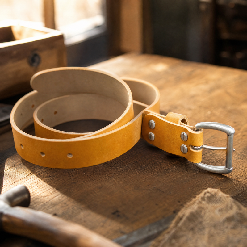 Full-grain Saddle Tan belt on workshop wood — Bull Sheath Leather