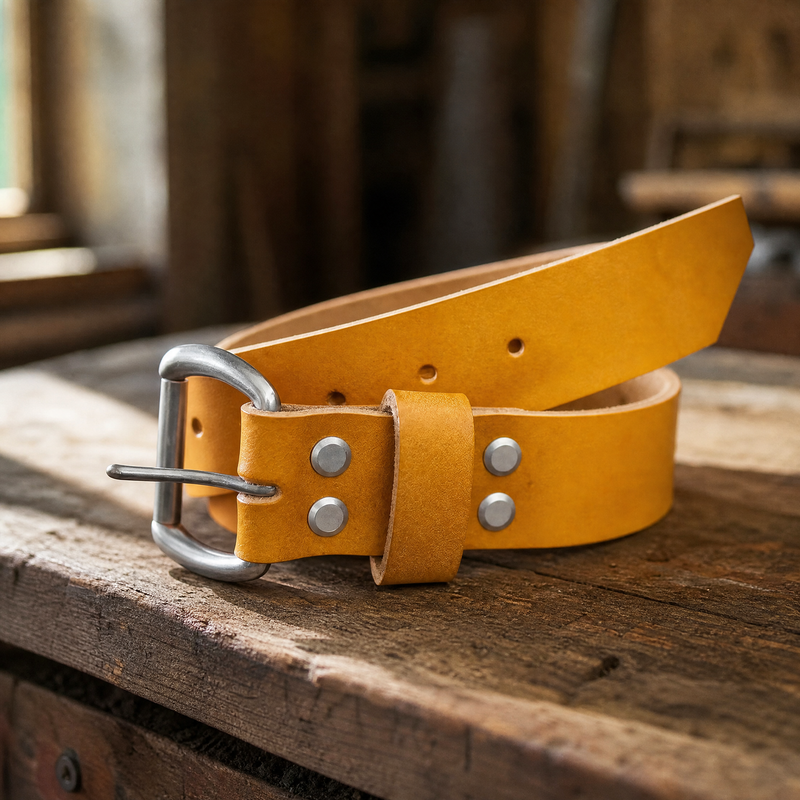 Saddle Tan leather belt coiled on workshop wood — Bull Sheath Leather