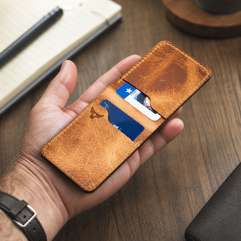 Peyton card holder presented on oak desk — Bull Sheath Leather