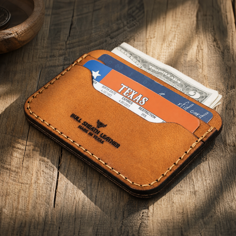 Pflugerville card wallet on oak — Bull Sheath Leather