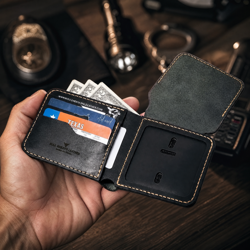 Hand presenting Black badge bifold — Bull Sheath Leather