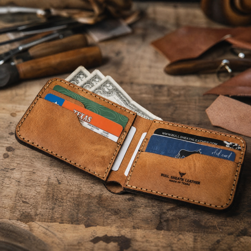 Rio Grande bifold on workshop bench — Bull Sheath Leather
