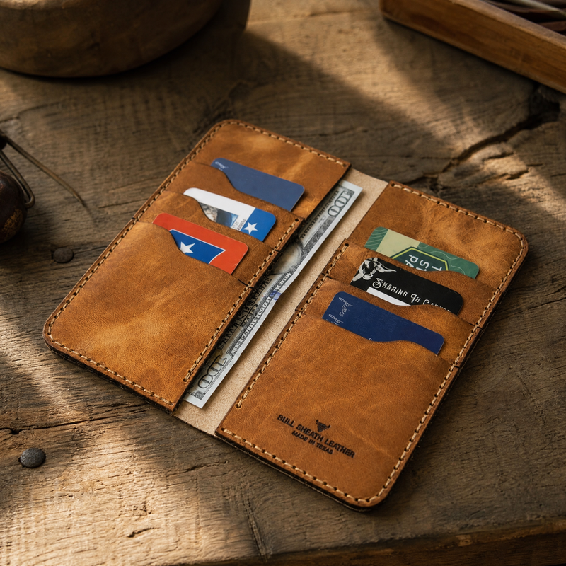 Houstonian long wallet on workshop wood — Bull Sheath Leather