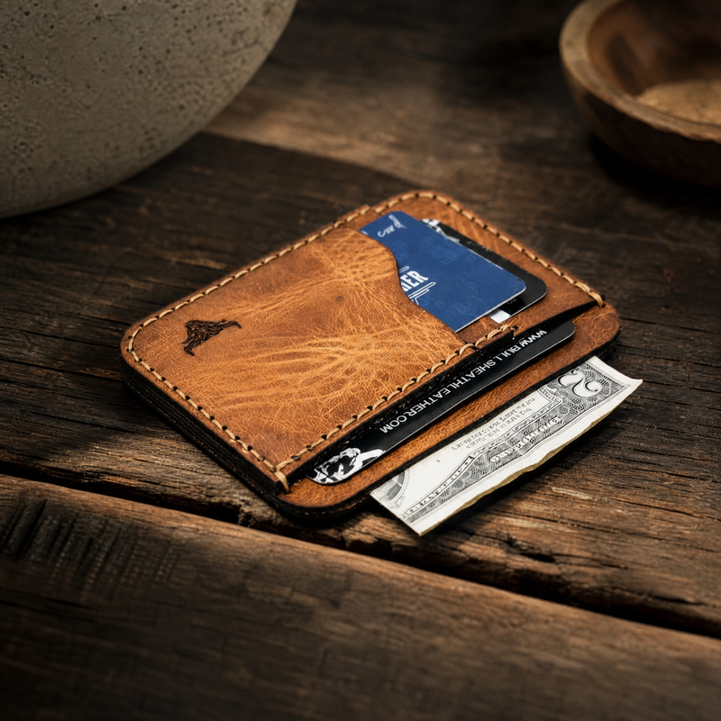 Mansfield slim wallet on oak — Bull Sheath Leather
