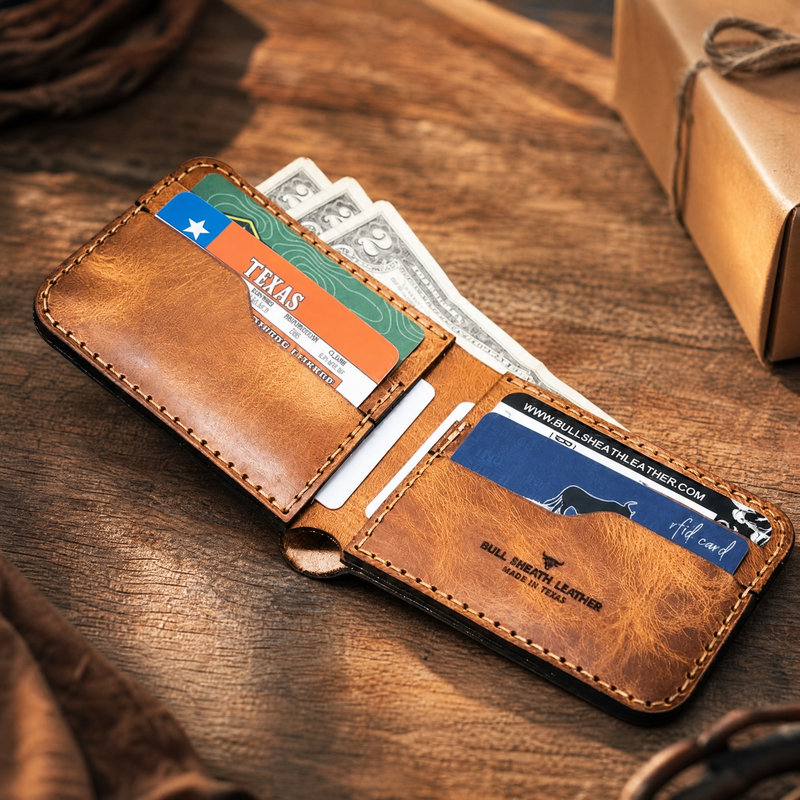 Western bifold gift on ranch table — Bull Sheath Leather