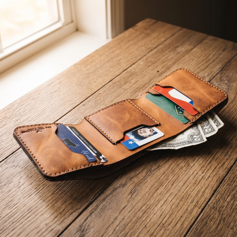 Leather trifold wallet interior showing the Trinity layout