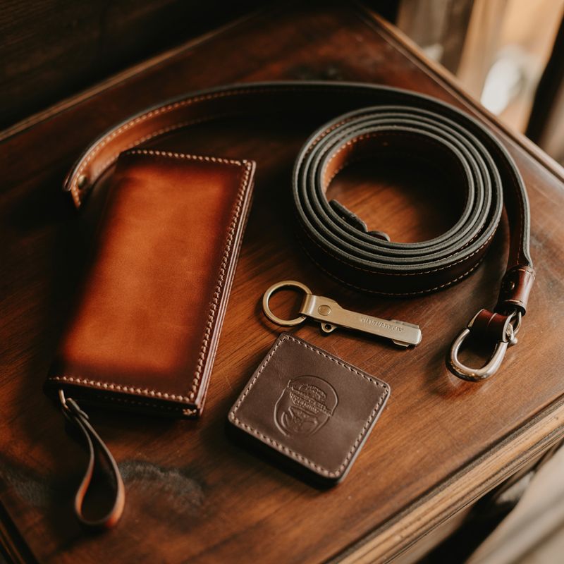 Curated flat lay of leather goods on aged dark wood including a western long wallet, coiled gun belt, leather keychain and badge wallet