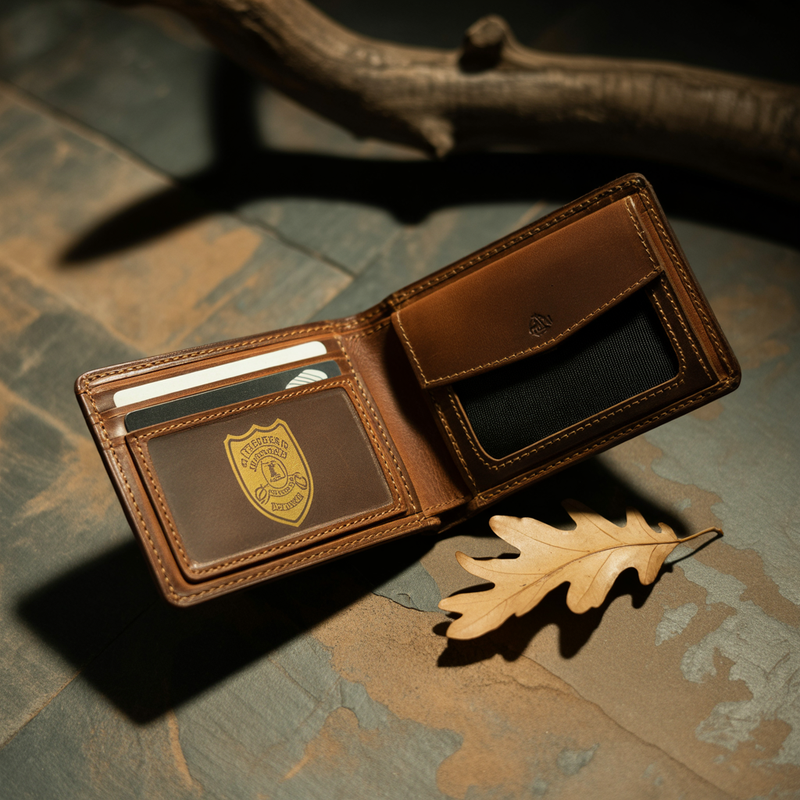 Full-grain leather badge wallet open flat showing gold shield badge and ID window on slate surface