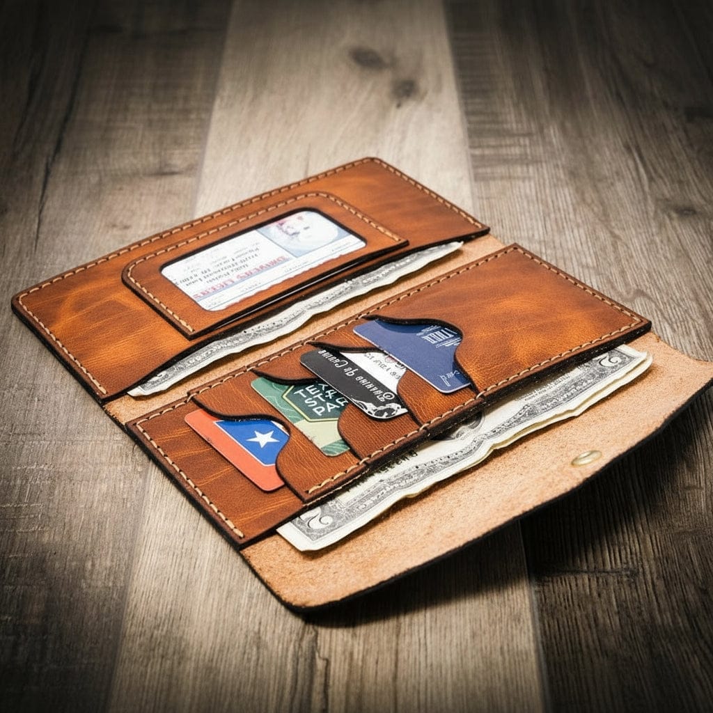Women's leather wallet clutch in chestnut brown, handmade in the USA, displayed on a wooden surface with a rustic metal tool in the background.
