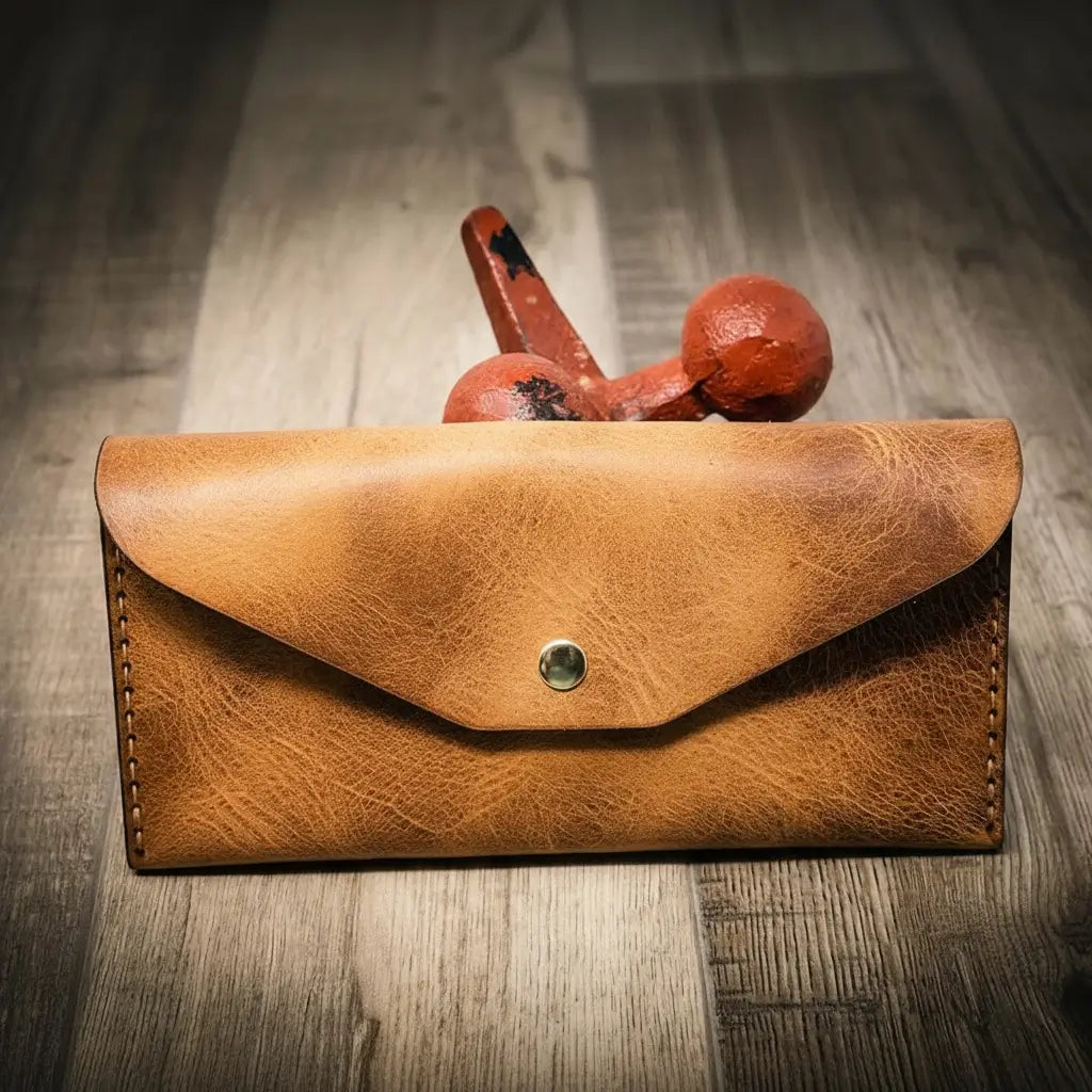 Handmade women's long wallet in saddle tan leather, featuring a brass button, on a wooden surface with a rustic red weight in the background.
