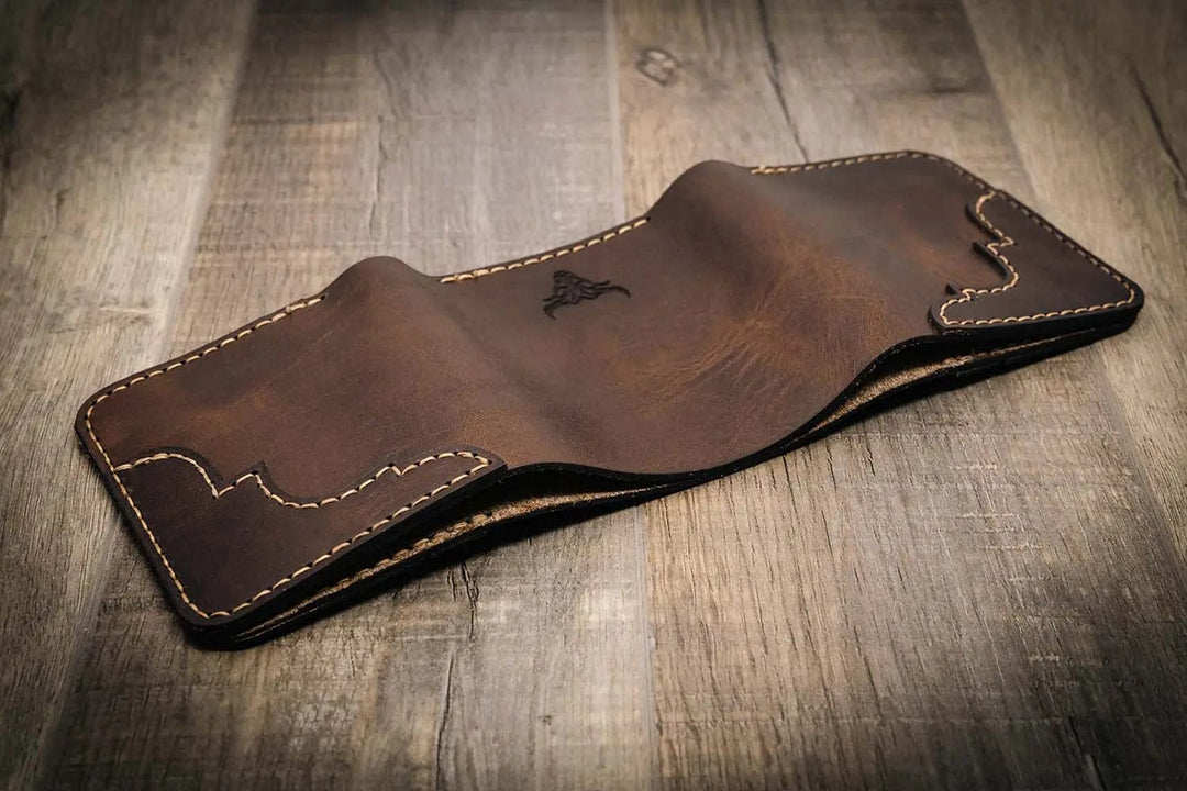 Trinity western trifold wallet in walnut brown leather, featuring intricate stitching and a smooth finish, handmade in the USA.