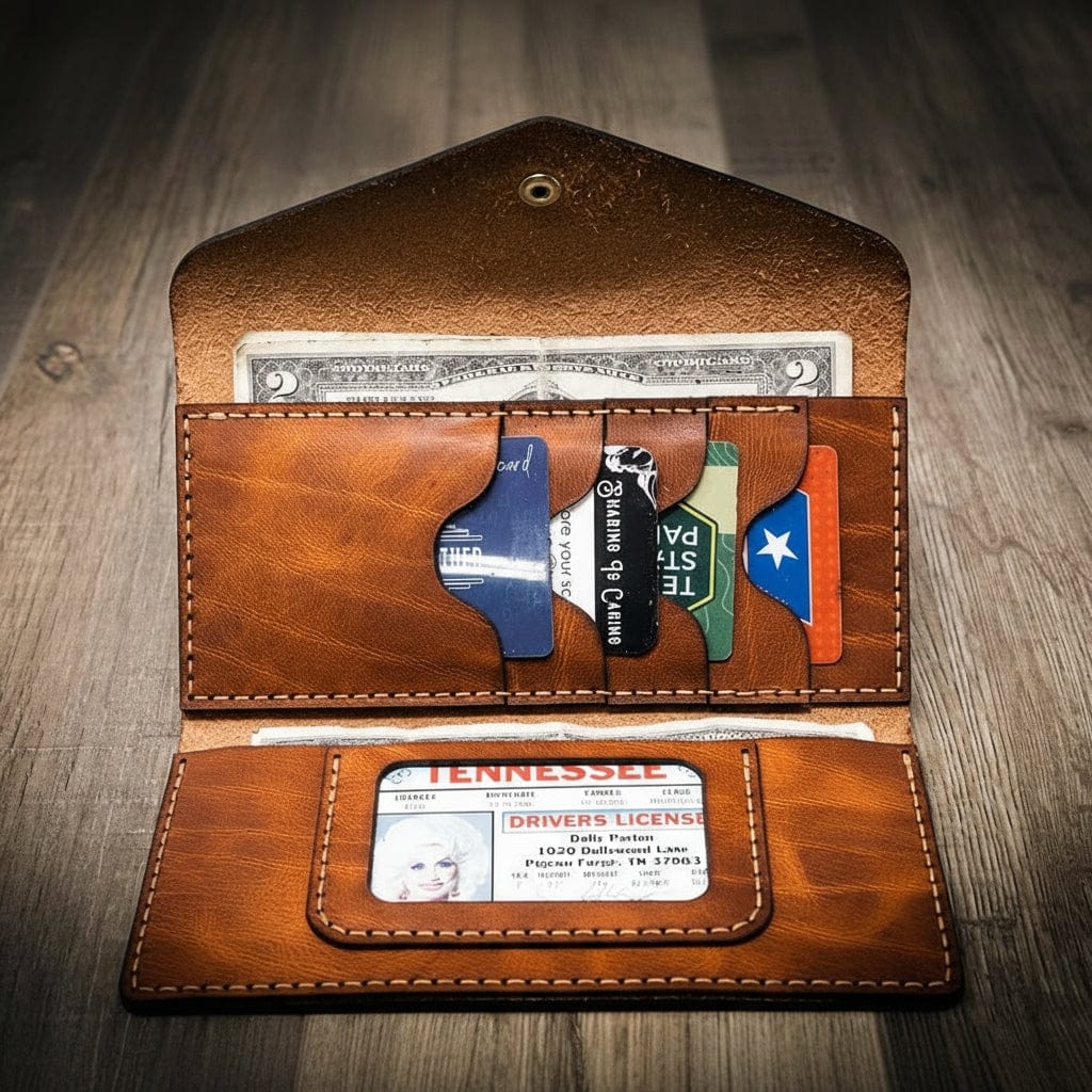 Women's leather wallet clutch in chestnut brown, handmade in the USA, displayed on a wooden surface with a rustic metal tool in the background.

