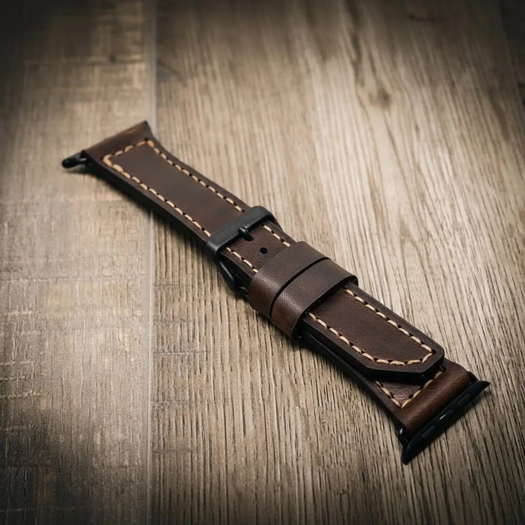 Dark brown full-grain leather Apple Watch band with beige stitching on a wooden surface.