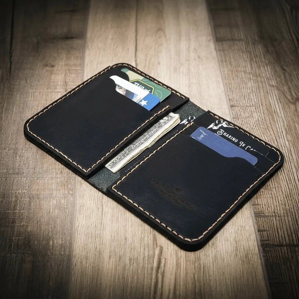 Western vertical wallet in black leather, with cards and cash inside. Handmade in Texas, USA
