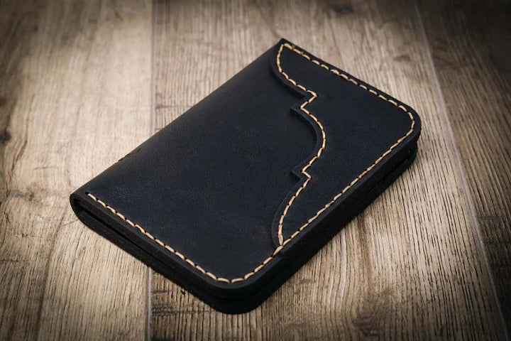 Western vertical wallet in black leather with tan stitching, handmade in the USA by Bull Sheath Leather.