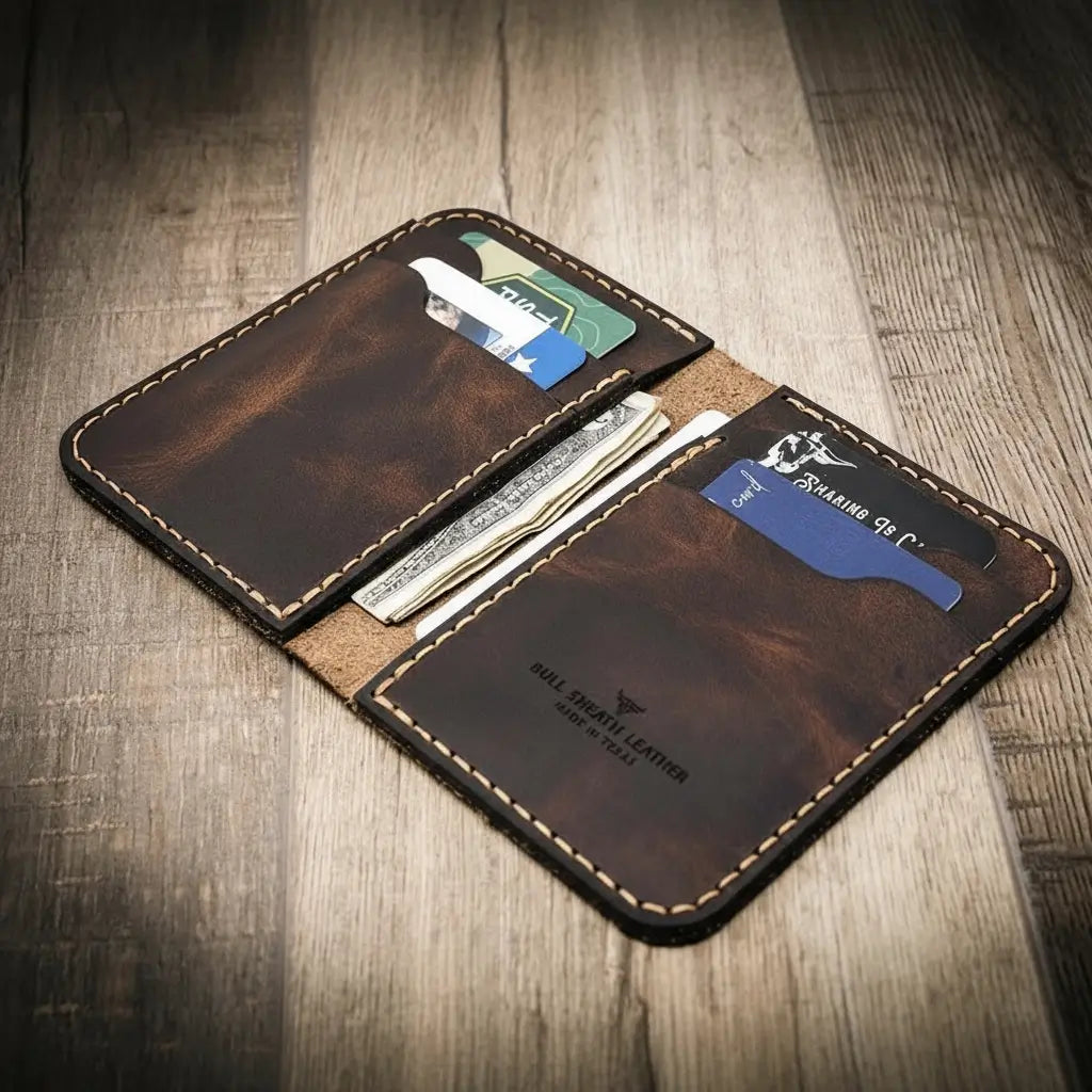 Handmade western vertical leather wallet in walnut brown color, open to show card slots and cash.