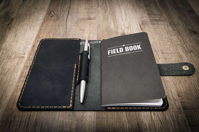 journal with black leather cover, field notebook