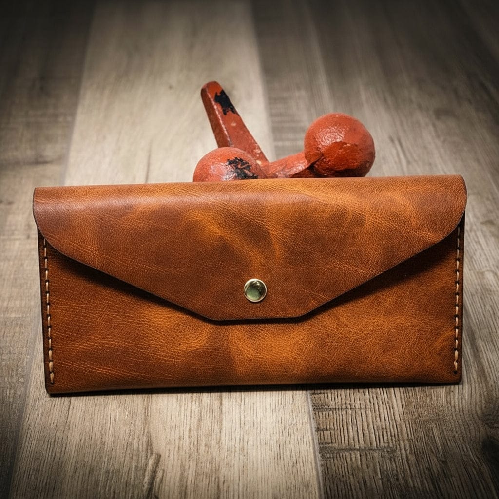 Women's leather wallet clutch in chestnut brown, handmade in the USA, displayed on a wooden surface with a rustic metal tool in the background.
