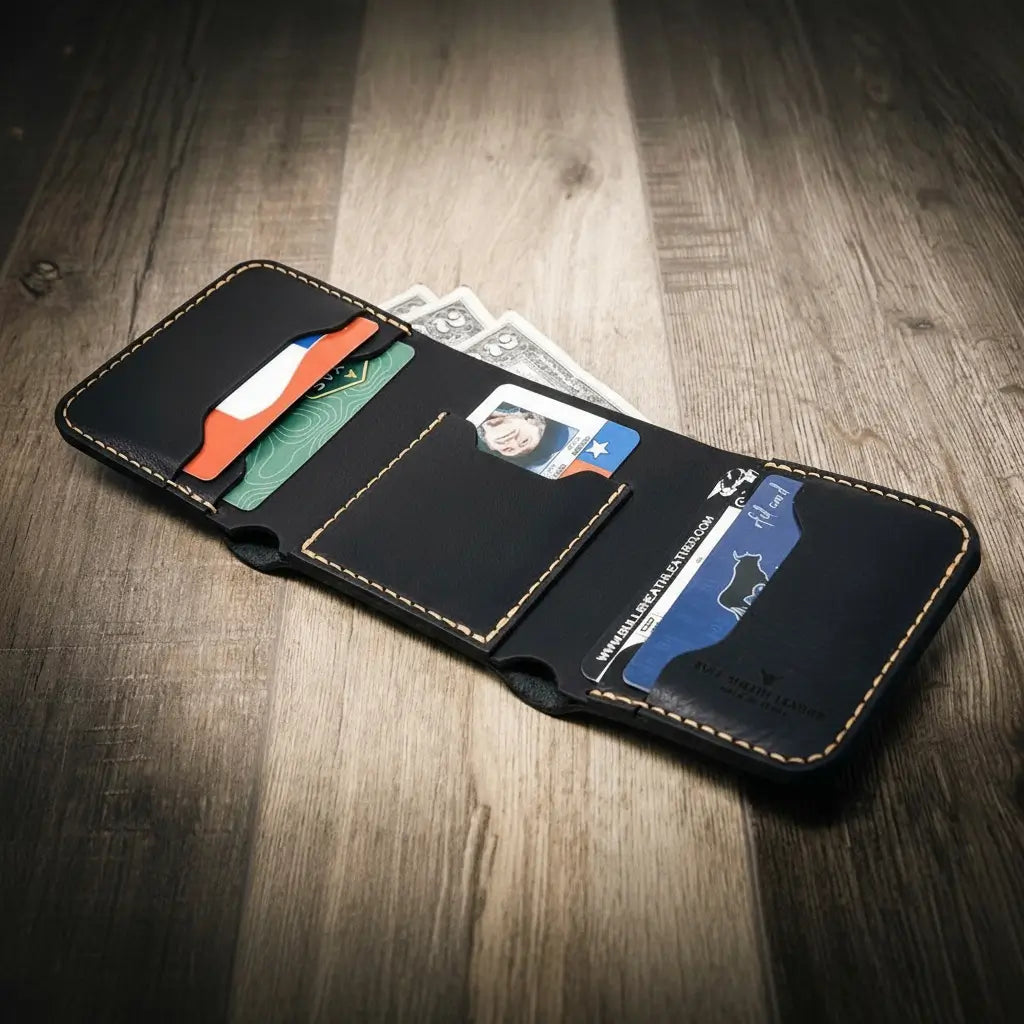 Trinity western trifold wallet in chestnut brown leather, featuring multiple card slots and a cash compartment, with visible stitching and a rustic finish.
