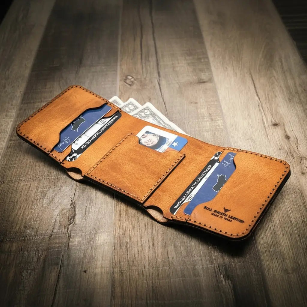 Trinity western trifold wallet in saddle tan leather, featuring multiple card slots and a cash compartment, handmade in the USA by Bull Sheath Leather.

