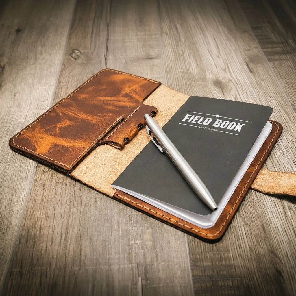 Field notebook, chestnut leather journal cover

