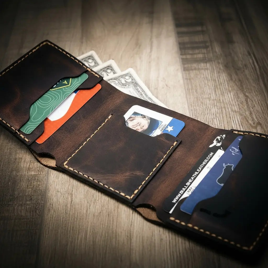 trifold leather wallet brown
