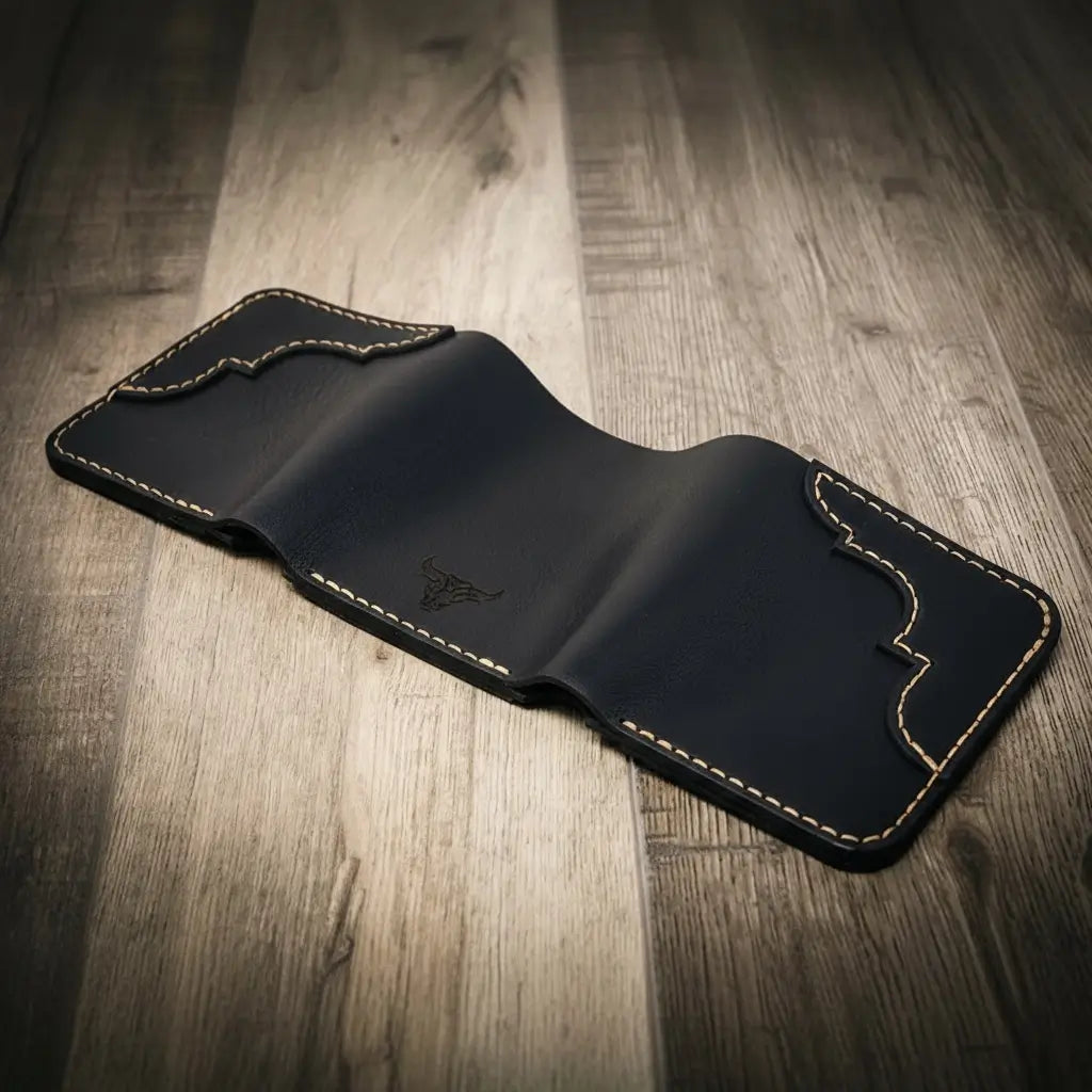 Trinity western trifold wallet in walnut brown leather, featuring multiple card slots and a cash compartment, displayed open with cards and cash inside.
