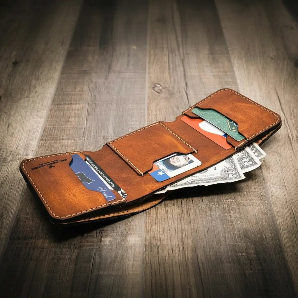 Trinity western trifold wallet in chestnut brown leather, featuring multiple card slots, a cash compartment, and a clear ID window, displayed open with cards and cash inside.
