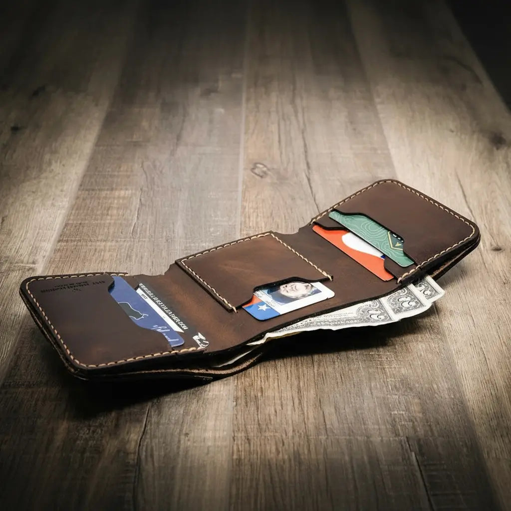 Trinity western trifold wallet in walnut brown leather, featuring multiple card slots and a cash compartment, handmade in the USA by Bull Sheath Leather.
