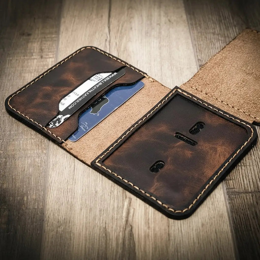 Minimalist Leather Badge Wallet for Mens - Walnut
