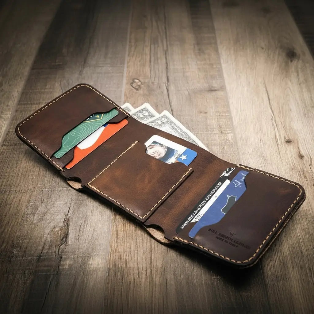 Trinity western trifold wallet in walnut brown leather, featuring multiple card slots and a cash compartment, displayed open with cards and cash inside.